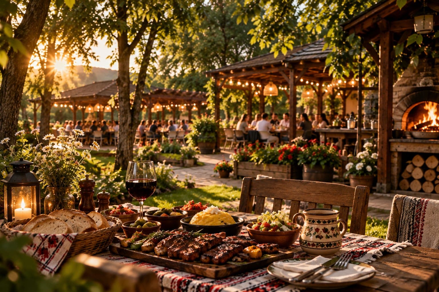 Masă întinsă pe terasa La Măria și Ion, la apus