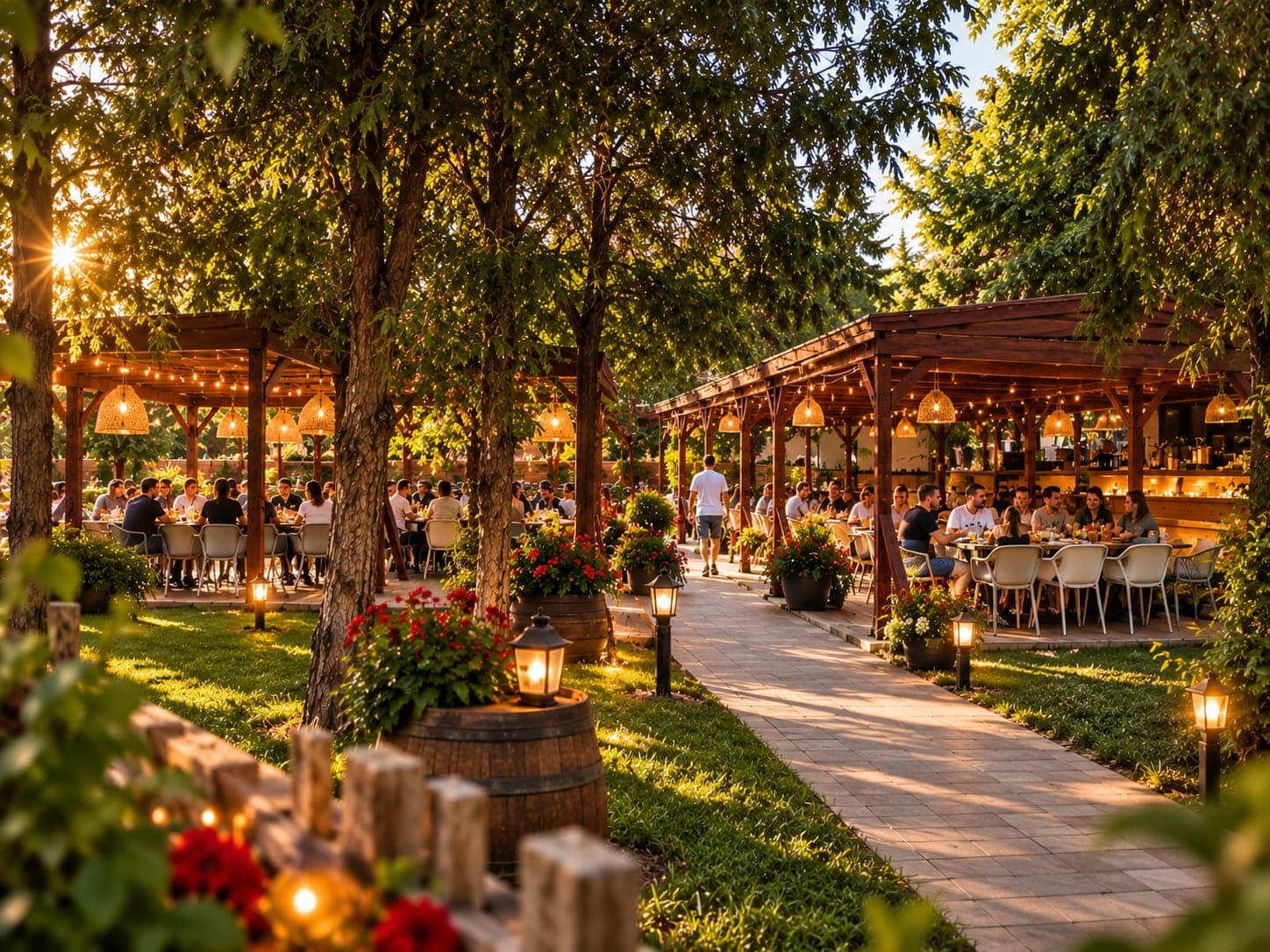 Terasa restaurantului La Măria și Ion la apus, în Regie